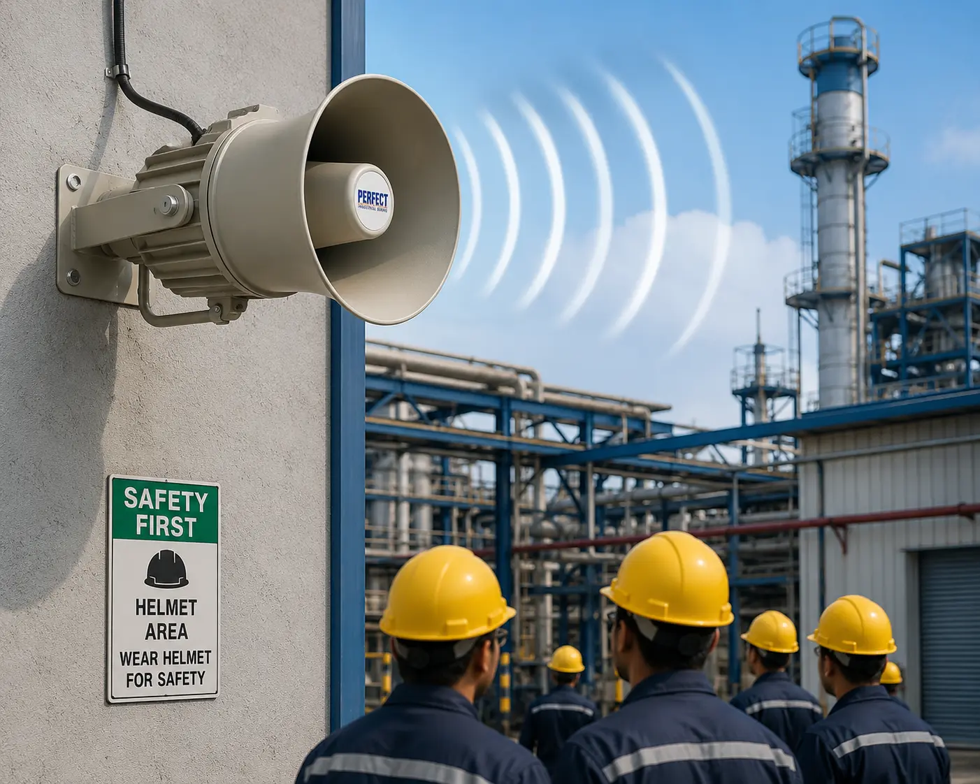 RTC based voice announcement system for factories — pre-recorded Hindi and English shift change messages, PA horn speakers, India